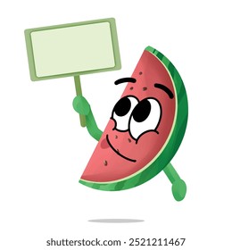 watermelon cartoon mascot character hold a blank sign board. happy face emoticon. cute fruit concept. plant, nature, or health themes
