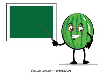 Watermelon Cartoon mascot or character as a teacher and teaching using a blackboard