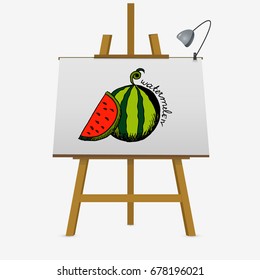 Watermelon cartoon on easel. Hand drawn vector stock illustration.