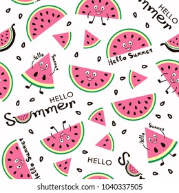 Watermelon cartoon seamless pattern. Baby and kids style abstract geometric background. Colorful vector illustration.  Funny watermelons. Cute kawaii smiling watermelons