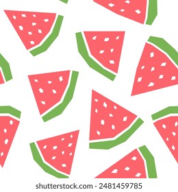 Watermelon cartoon seamless pattern. Tropical fruits background isolated on white. Watermelon slice geometric print for fabric, paper, design.