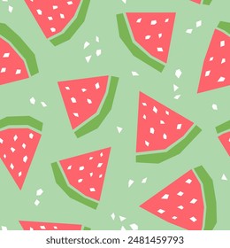 Watermelon cartoon seamless pattern. Tropical fruits background isolated on green. Watermelon slice with white seeds and abstract element geometric print for fabric, paper, design.