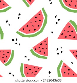 Watermelon cartoon seamless pattern. Tropical fruits background isolated on white. Watermelon slice and abstract element geometric print for fabric, paper, design.