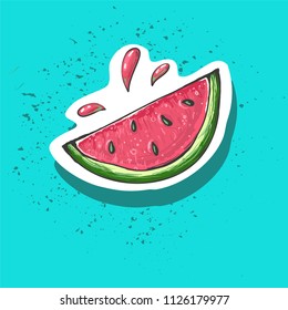 Watermelon cartoon sticker. Sweet fruit label. Patch and print for t-shirt, fabric, clothes. Menu item. Juice and summer symbol. Vector