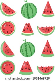 Watermelon cartoon vector collection with slices of raw berry fruit. Childish decoration juice, book illustration clip art.