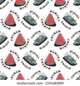 Wassermelone und Kassenregister. Nahtloses Muster auf weißem Hintergrund. Cute Vektorgrafik.