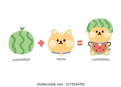 Watermelon with cat cartoon on white background.Animal funny character design.Costume.Kawaii.Vector.Illustration.