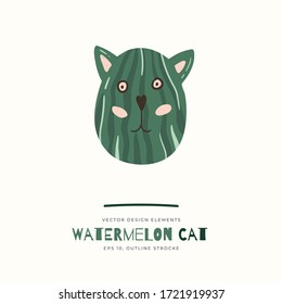 Wassermelone Katze einzeln auf Hintergrund. Cartoon-Tiercharakter. Vektorgrafik für Poster-Design, Kinder-Druck, Grußkarte, Social Media-Post. Für Karten, Textilien.