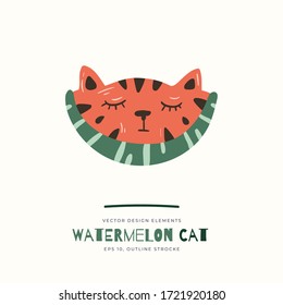 Watermelon Cat isolated on background. Cartoon animal character. Vector illustration for poster design, kids print, greeting card, social media post. For cards, textile.