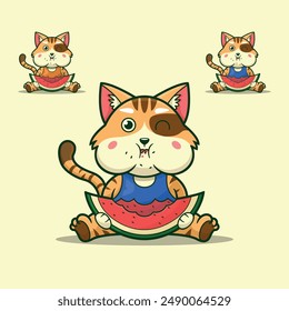 Watermelon Cat mascot character logo design vector illustration