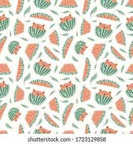 Watermelon cat seamless pattern in hand-drawn style. Vector repeat background for colorful summer fabric.