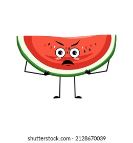 Watermelon character with angry emotions, grumpy face, furious eyes, arms and legs. Person with irritated expression, fruit emoticon. Vector flat illustration