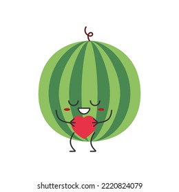 Watermelon character cartoon love sign heart favorite cute smiling face cheerful kawaii joy happy emotions icon vector illustration.