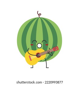 Watermelon character cartoon plays the guitar sings cute smiling face cheerful kawaii joy happy emotions icon vector illustration.