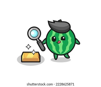 watermelon character is checking the authenticity of the gold bullion , cute style design for t shirt, sticker, logo element