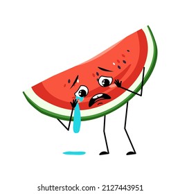 Watermelon character with crying and tears emotion, sad face, depressive eyes. Person with melancholy expression, fruit emoticon. Vector flat illustration