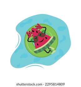 Watermelon character design. Illustration for summer activities.Cheerful watermelon in the pool on the swim ring. Vector illustration