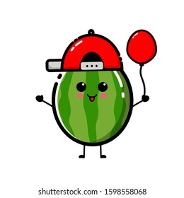 Watermelon character design that is wearing a red hat, with a flat design style