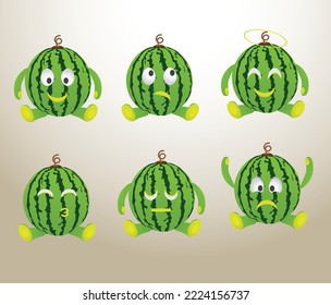 Watermelon character design with various face moods. It,s has happy, sad, exhausted, fright, angry, funny and many nice moods, You can use this for any purpose you want.