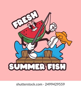 Watermelon Character Fishing Vintage Mascot Illustration