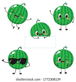 Watermelon character with funny face. Happy cute cartoon watermelon emoji set. Healthy vegetarian food character vector illustration