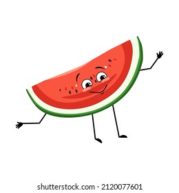 Watermelon character with happy emotion, joyful face, smile eyes, arms and legs. Person with happy expression, fruit or berry emoticon. Vector flat illustration