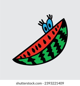 Watermelon character icon with smiley face. Hand-drawn cartoon doodle in simple naive style. Vector illustration.