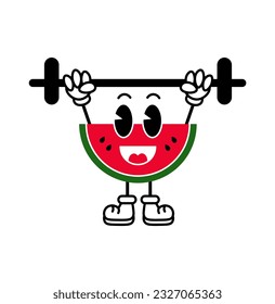 Watermelon character lifting barbell. Sports mascot. Healthy lifestyle happy fruit cartoon character in retro style. Vector illustration