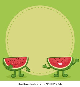 Watermelon Character Notes Green. Illustration of cute happy watermelon slice mascot in green background and notes space for writing message.