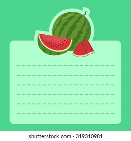 Watermelon Character Notes Green. Illustration of cute happy watermelon slice mascot in green background and empty notes space for writing message.