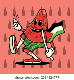 Watermelon Character, Palestine Flag Vector Illustration