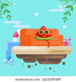 Watermelon character relaxes on a sofa on a floating island. Chilling by the waterfall with a crab and lifebuoy. Fun flat summer illustration concept for escape and comfort themes.