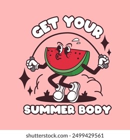 Watermelon Character Skiping Vintage Mascot Illustration