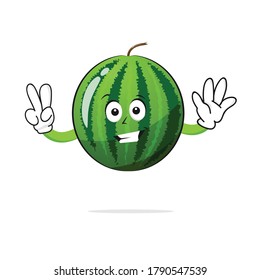 The watermelon character smiles with two fingers up on the white background - vector
