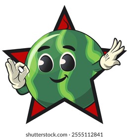 watermelon, character, star, ok sign, digital, mascot, logo, brand, party, emblem, cute, cartoon, green, red, game, emoticon, sticker, t shirt, clothing, juice, isolated, comic, background, icon, vect