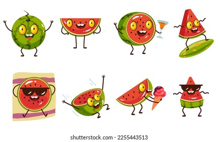 Watermelon character with sunglasses face happy fruit mascot summer concept set. Vector cartoon graphic design element illustration