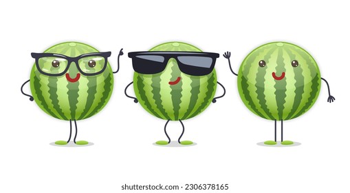 Watermelon Character with Various Face Expressions. Vector illustration set of funny and cute cartoon fruits isolated on white background. Mascot collection.