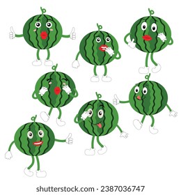 Watermelon Character with Various Face Expressions. Vector illustration set of funny and cute cartoon fruits isolated on white background. Mascot collection.