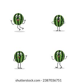 Watermelon Character with Various Face Expressions. Vector illustration set of funny and cute cartoon fruits isolated on white background. Mascot collection.