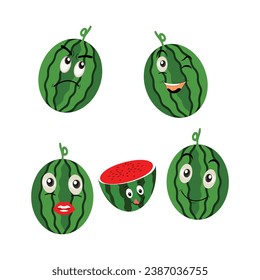 Watermelon Character with Various Face Expressions. Vector illustration set of funny and cute cartoon fruits isolated on white background. Mascot collection.
