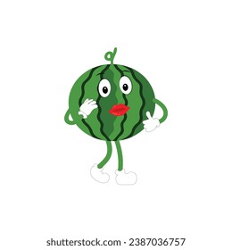 Watermelon Character with Various Face Expressions. Vector illustration set of funny and cute cartoon fruits isolated on white background. Mascot collection.