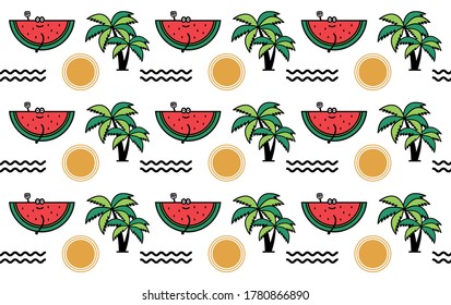 Watermelon character with wave, coconut tree, sun pattern background. Watermelon slice vector illustration pattern. Fruit vector background