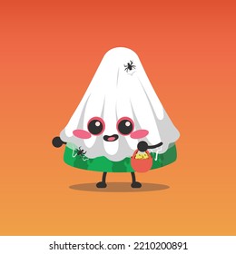 watermelon character who is wearing a ghost costume in the form of a white robe who is celebrating halloween