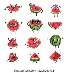Watermelon characters. Cartoon comic mascots of watermelon with funny smile faces hands and legs recent vector watermelons in action poses