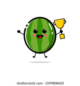 Watermelon characters are jumping while carrying a cup in his hand, watermelon character design with flat design style