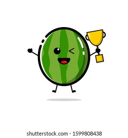 Watermelon characters are jumping while carrying a cup in his hand, watermelon character design with flat design style