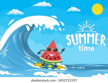 watermelon characters surfing on wave. Holidays on the sea. Beach activities. Summer time. Vector illustration in flat style