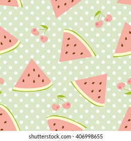 Watermelon and cherries seamless pattern with polka dots