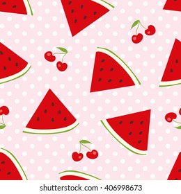 Watermelon and cherries seamless pattern with polka dots
