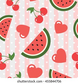 Watermelon Cherry and Heart Seamless Pattern